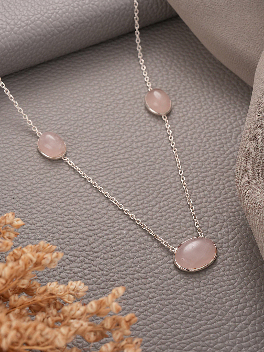 925 Sterling Silver Rose Quartz Gemstone Studded Minimal Boho Necklace & Chain